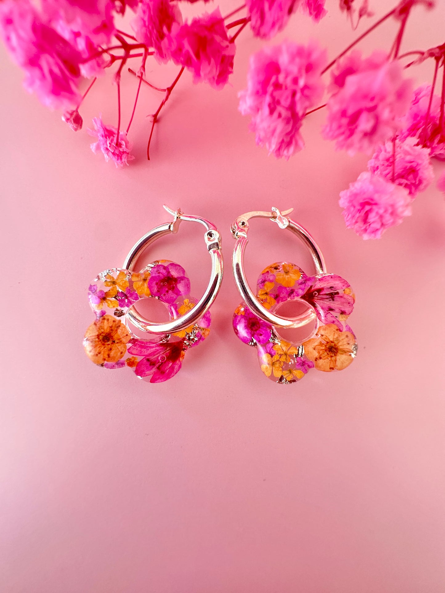 Citrus Pink Bloom Flower Hoop earrings.