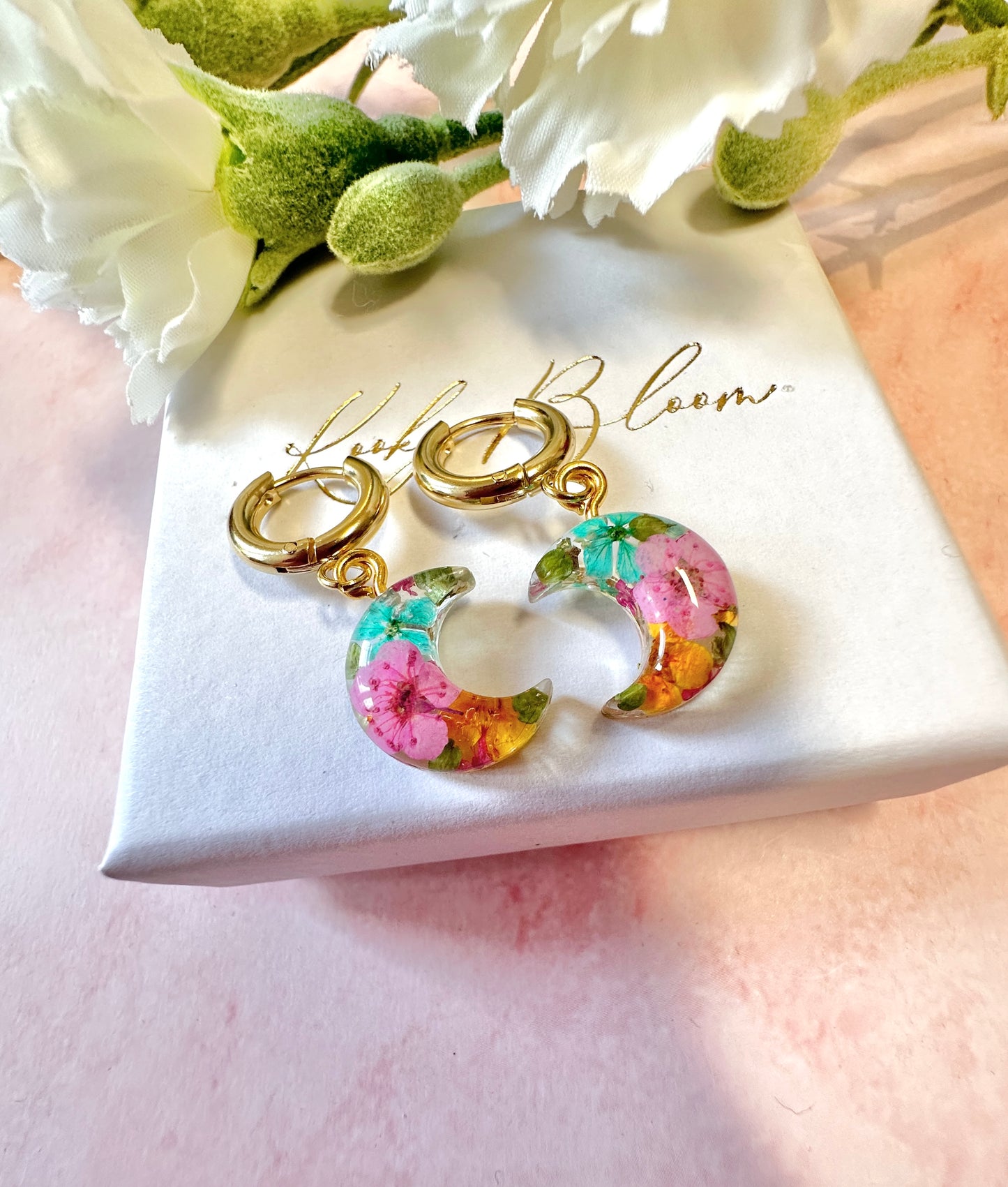 Tropical Moon flower huggie hoop earrings.