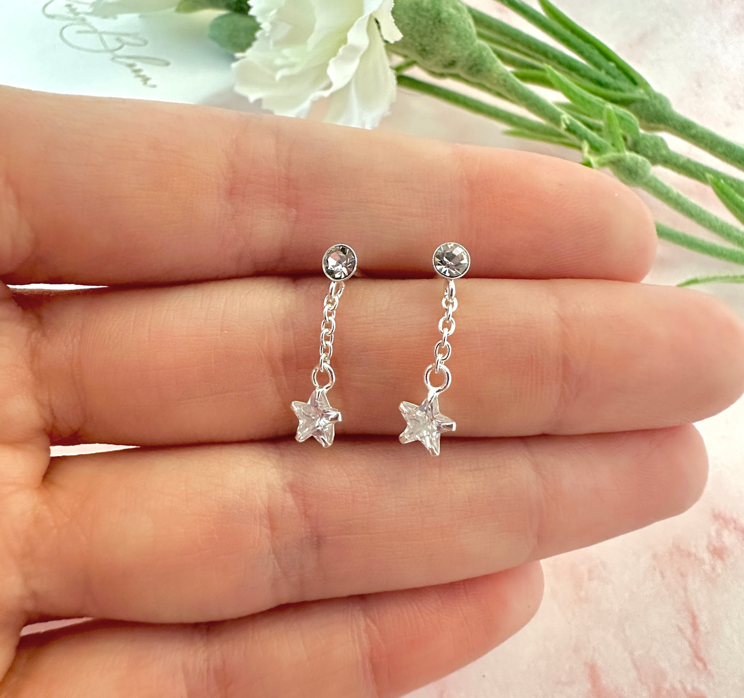 925 Sterling silver CZ Star dangle stud earrings.