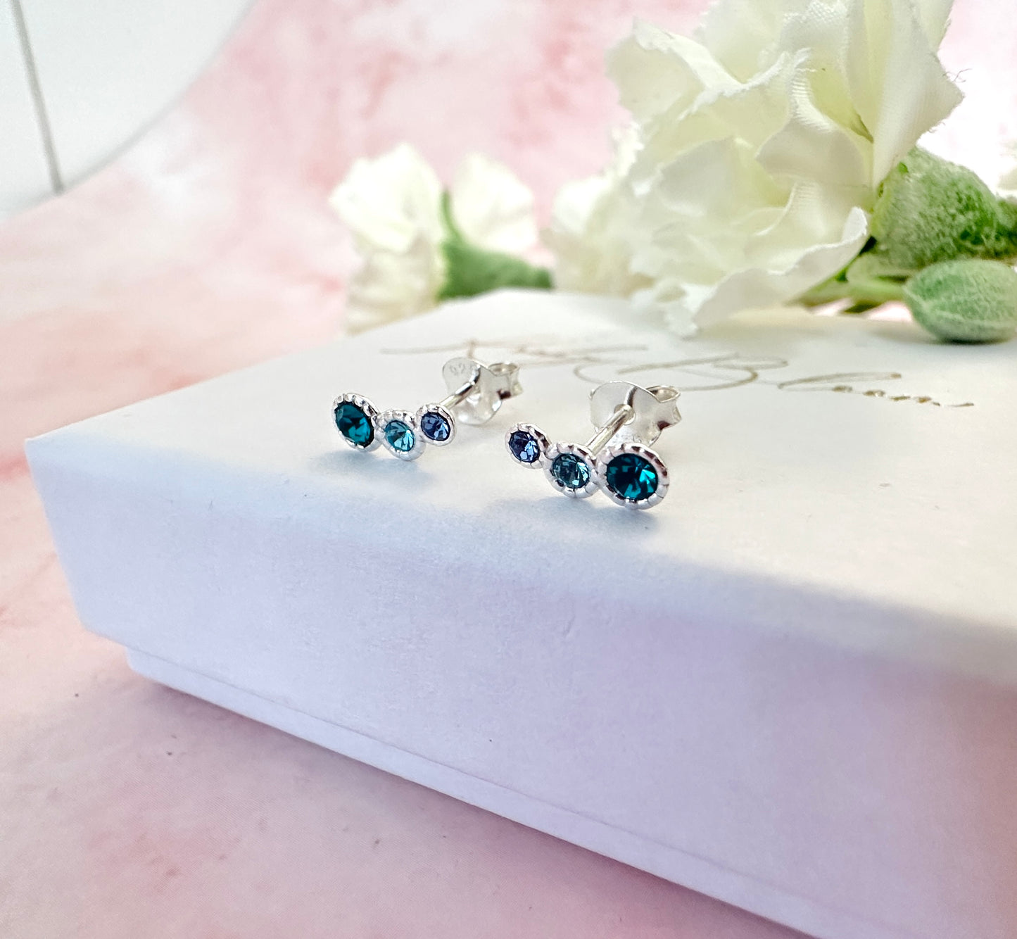 925 Sterling Triple Aqua Blue Stone stud earrings.