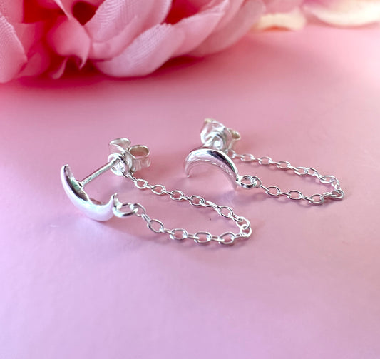 925 sterling silver Moon loop chain stud earrings.