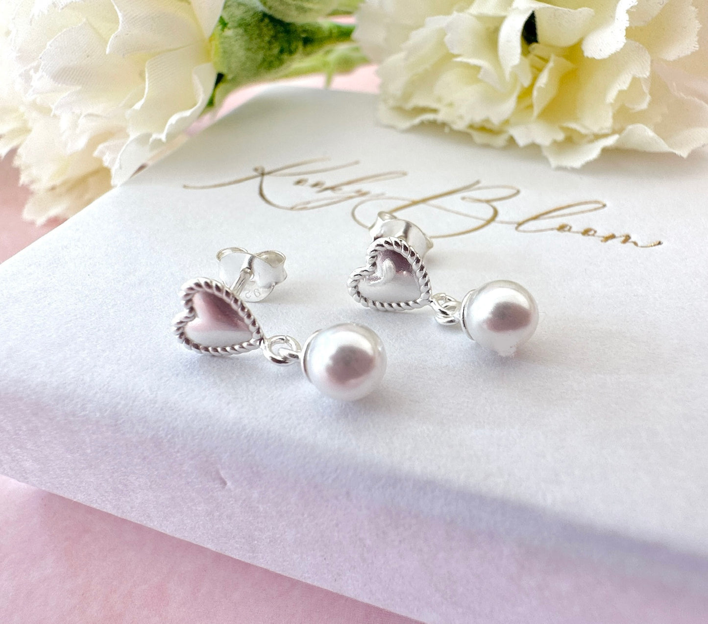 925 Sterling silver Heart Pearl Drop stud earrings.