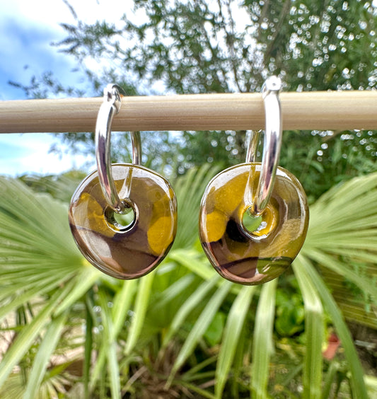 Olive glazed ceramic Donut Hoop earrings.