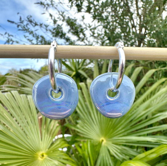 Powder Blue glazed ceramic Donut Hoop earrings.