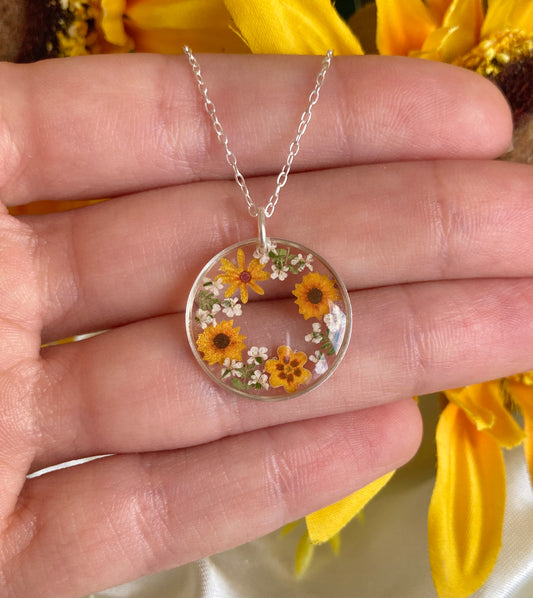 Sunflower wreath Silver necklace